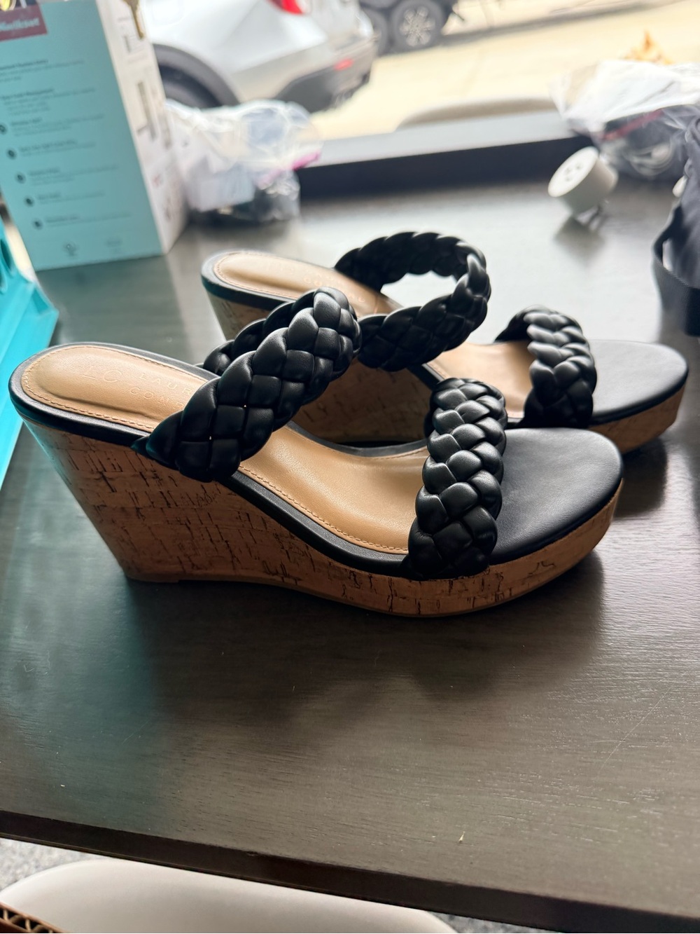 LC Lauren Conrad Black Braided Double-Strap Cork Wedge Sandals